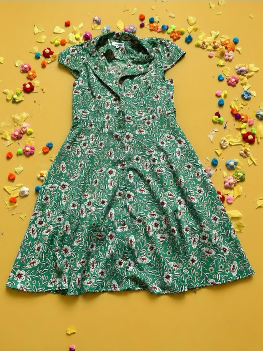 Green Floral Casual Fit-and-Flare Dress